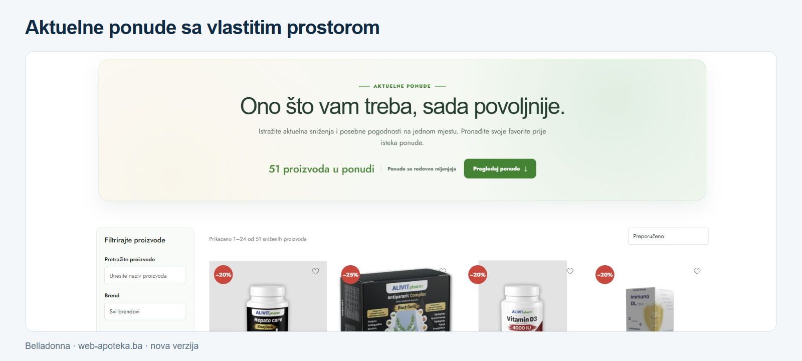 Stranica promocija u WooCommerce prodavnici Belladonna sa aktuelnim i najavljenim akcijama