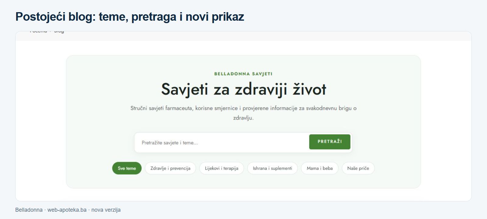 Sekcija stručnih savjeta na sajtu Belladonna sa tematskim kategorijama članaka