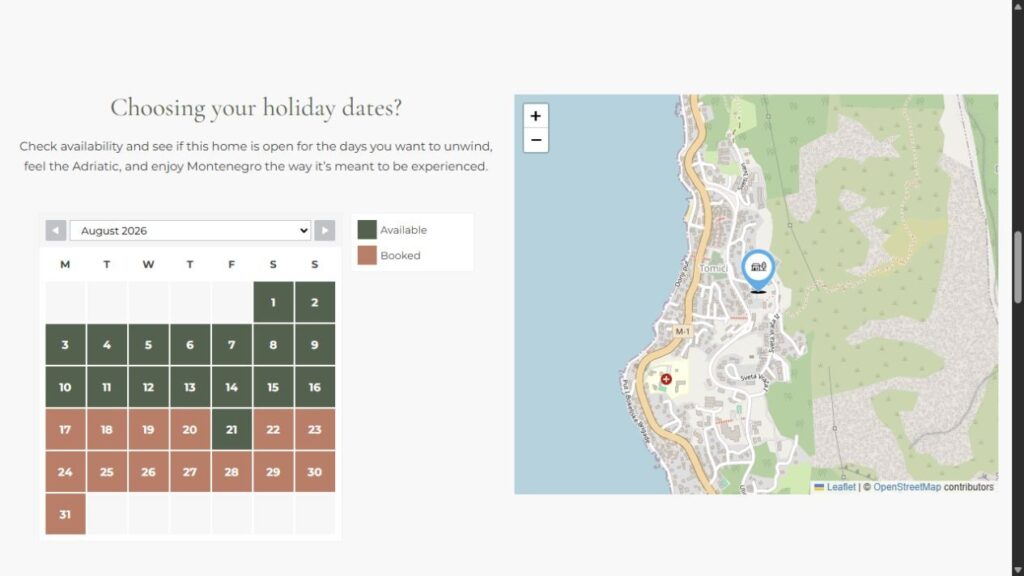 Kalendar dostupnosti apartmana preuzet iz Airbnba putem iCal integracije na sajtu Green Dream Montenegro