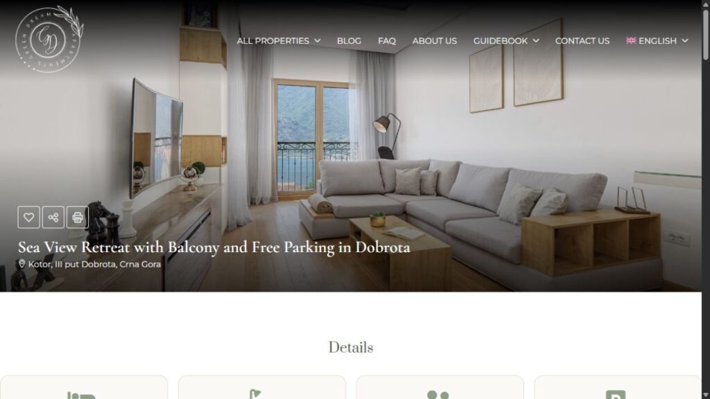 Stranica apartmana na sajtu Green Dream Montenegro sa galerijom fotografija i informacijama o smještaju