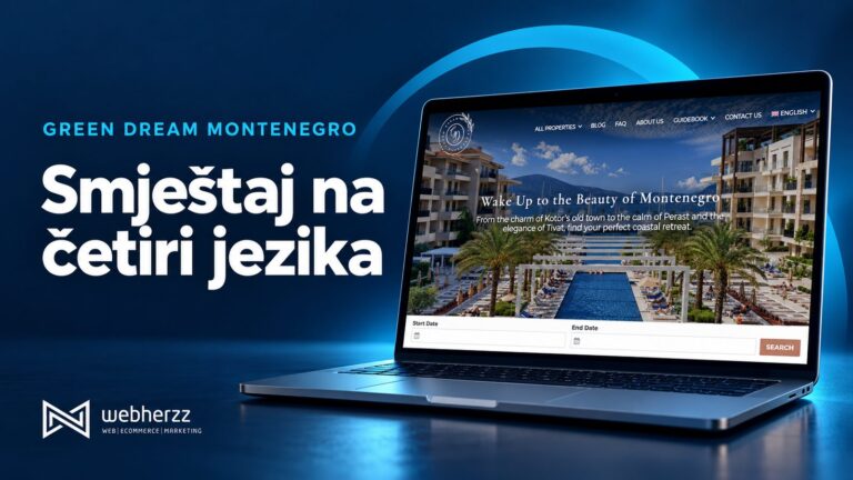 Webherzz naslovnica: Smještaj na četiri jezika, sa prikazom sajta Green Dream Montenegro na laptopu.